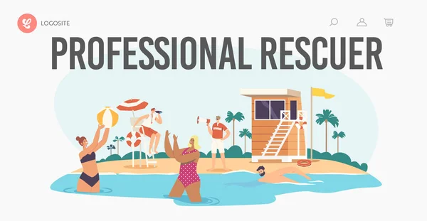 Professional Rescuer Landing Page Template. Characters Relaxing on Sea Coastline with Beach Lifeguard Tower — Stockový vektor