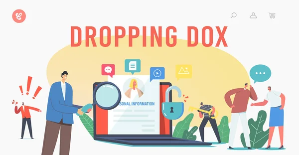 Dropping Dox, Doxing Landing Page Template. Hacker Character Gathering Individuals Data and Making It Public, Hacking — Stockový vektor