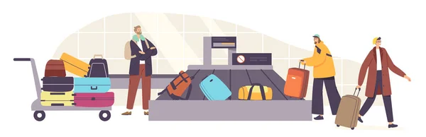 Baggage Claim in Airport Belt. Tourists Male and Female Characters Taking Luggage in Carousel Area after Airplane Flight — Vector de stock