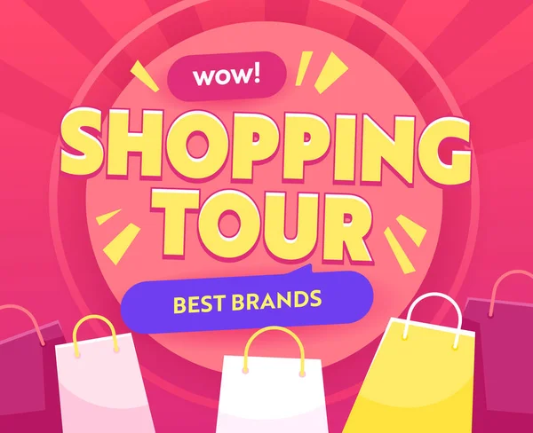 Shopping Tour Banner with Colorful Bags. Stock Market Discount, Shopaholic Touristic Service Billboard. Total Clearance — Wektor stockowy