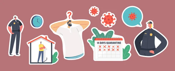 Set Stickers Characters on Quarantine during Covid19 Self Isolation. People Wearing Protective Medical Masks, Calendar — Archivo Imágenes Vectoriales