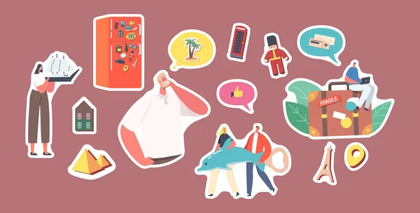 Set Stickers Characters Collect Magnet Souvenirs after Visiting Countries put on Refrigerator Door. People Save Memory — стоковий вектор