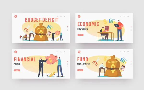 Budget Deficit Landing Page Template Set. Tiny Businessman Character Tight Budget Sack with Belt. Economy Crisis — Stockový vektor
