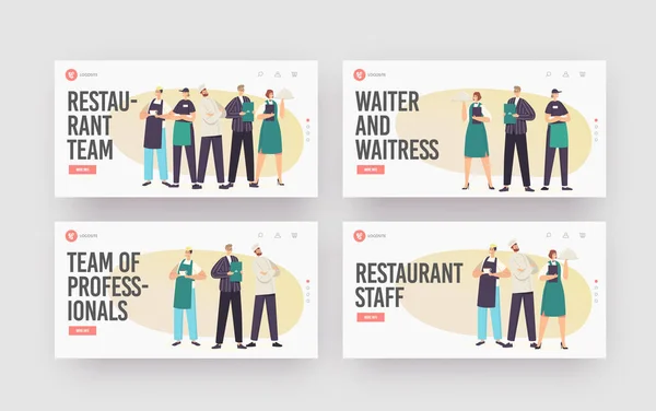 Restaurant Team Landing Page Template Set. Characters in Uniform Demonstrating Menu. Cafeteria Staff Hospitality — Vetor de Stock