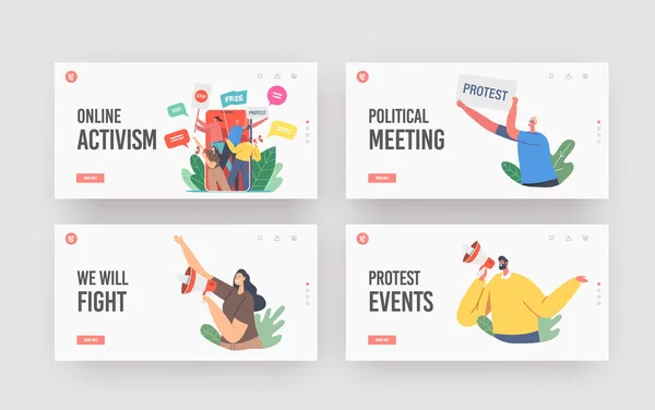 Online Activism, Digital Protest Landing Page Template Set. People on Huge Smartphone Screen Protesting with Placards — Stockový vektor