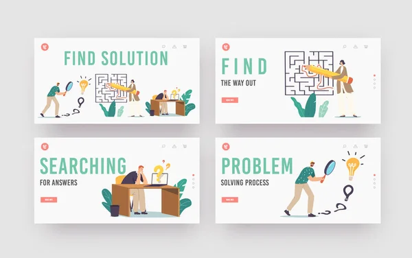 Find Solution, Challenge and Problem Solving Landing Page Template Set. Characters Finding Idea and Answer in Labyrinth — Vetor de Stock