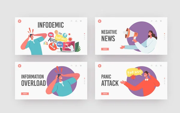 Infodemic Landing Page Template Set . Negative News, Panic, Disaster. Stressed Character Hold Head Looking on Screen — Archivo Imágenes Vectoriales