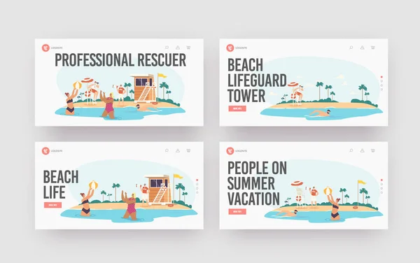 Professional Rescuer Landing Page Template Set. Characters Relax on Sea Coastline with Beach Lifeguard Tower, Caution — ストックベクタ