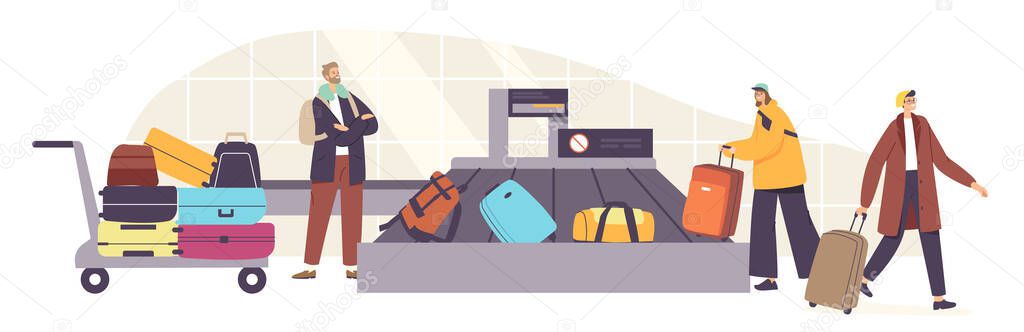 Baggage Claim in Airport Belt. Tourists Male and Female Characters Taking Luggage in Carousel Area after Airplane Flight