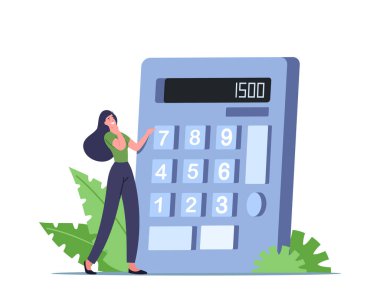 Tiny Female Character with Huge Calculator Counting Calories for Healthy Eating and Weight Loss. Nutrition and Dieting