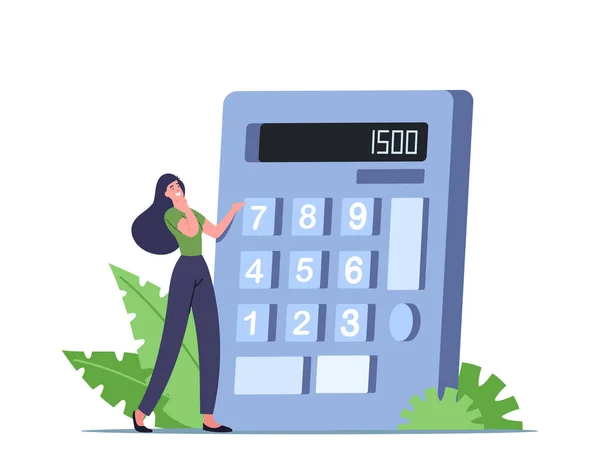 Tiny Female Character with Huge Calculator Counting Calories for Healthy Eating and Weight Loss. Nutrition and Dieting — Image vectorielle