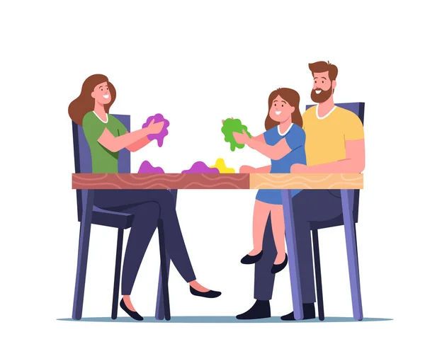 Family Recreation, Mother, Father and Little Daughter Playing with Kinetic Magic Sand Sitting at Desk, Having Fun — Stockvector