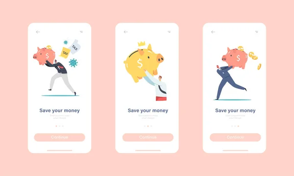 Save Your Money Mobile App Page Onboard Screen Template. Tiny Characters with Huge Piggy Bank. People Collect Money — Stockový vektor