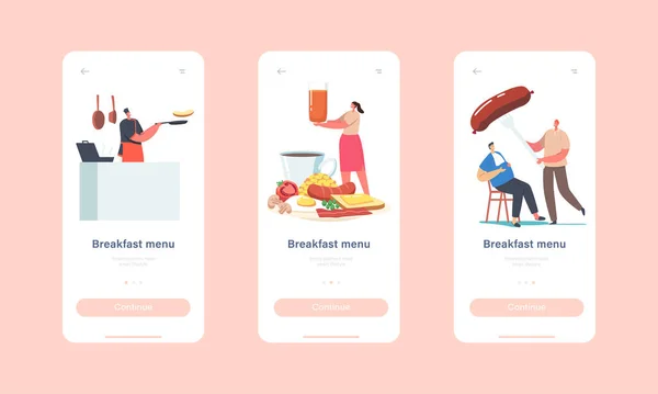 Breakfast Menu Mobile App Page Onboard Screen Template. Tiny Characters at Huge Plate Have Traditional English Breakfast — Stock Vector