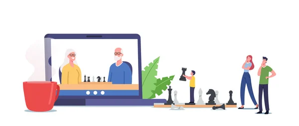 Family Characters Playing Chess. Parent, Grandparents or Child Distant Game via Internet Connection, Lockdown Recreation - Stok Vektor