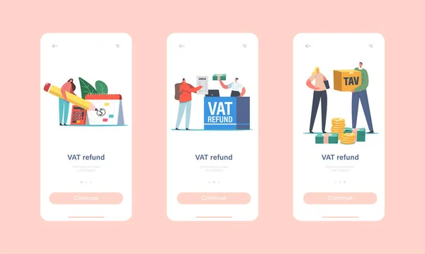 Vat Refund Mobile App Page Onboard Screen Template. Characters at Tax Free Desk in Airport Return Money for Purchasing — Vector de stock