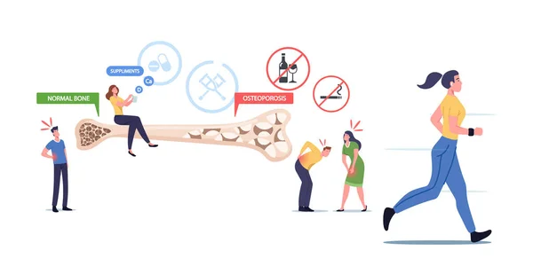 Osteoporosis, Health Care Concept. Tiny Male Female Characters with Bones Disease Symptoms near Huge Bone Cross Section — Stok Vektör