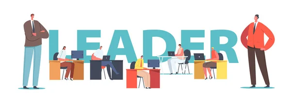 Leader Concept. Boss Character with Crossed Arms Stand behind Manager Employees Sitting at Desk Working on Computers — Stock vektor