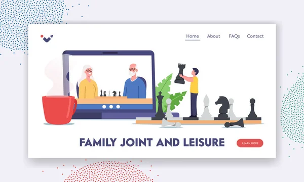 Family Joint and Leisure Landing Page Template. Grandparents and Child Playing Chess Online. Distant Game via Internet —  Vetores de Stock