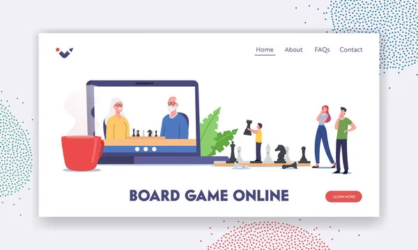 Board Game Online Landing Page Template. Family Characters Playing Chess. Parent, Grandparents and Child Distant Game — Stock Vector
