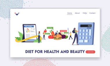 Mobile App Calculator for Nutrition and Dieting Landing Page Template. Characters Counting Calories Using Application