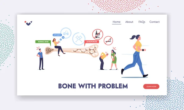 Osteoporosis Landing Page Template. Tiny Male and Female Characters with Bones Disease Symptoms near Bone Cross Section — Archivo Imágenes Vectoriales