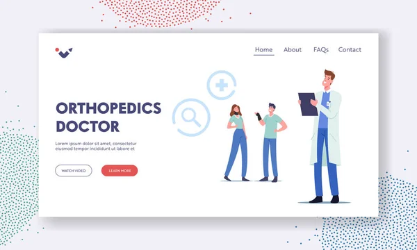 Orthopedics Doctor Landing Page Template. Healthcare Medicine, Therapy. Characters with Bandage Brace on Neck and Wrist — Image vectorielle