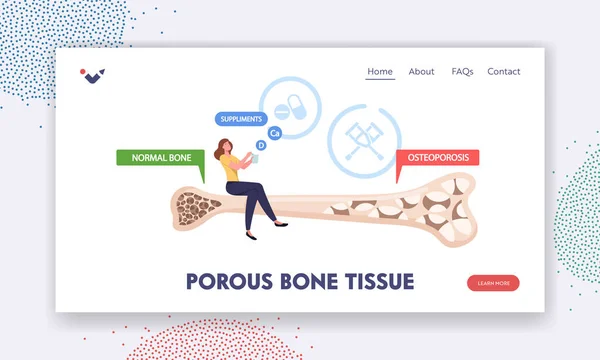 Porous Bone Tissue Landing Page Template. Osteoporosis, Health Care. Tiny Female Character Sitting on Huge Bone — Vetor de Stock