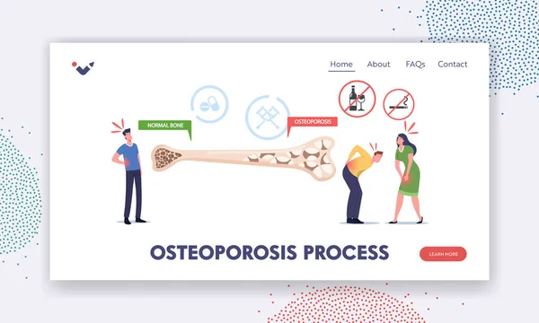 Osteoporosis Process Landing Page Template. Tiny Male Female Characters with Bones Disease near Huge Bone Cross Section — Archivo Imágenes Vectoriales