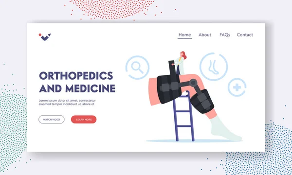 Orthopedics and Medicine Landing Page Template. Tiny Orthopedist Doctor Install Bandage Brace at Huge Leg with Fracture — Διανυσματικό Αρχείο