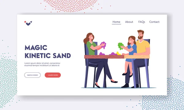 Characters Playing with Kinetic Magic Sand Landing Page Template. Mother, Father and Little Daughter Sitting at Desk — Wektor stockowy