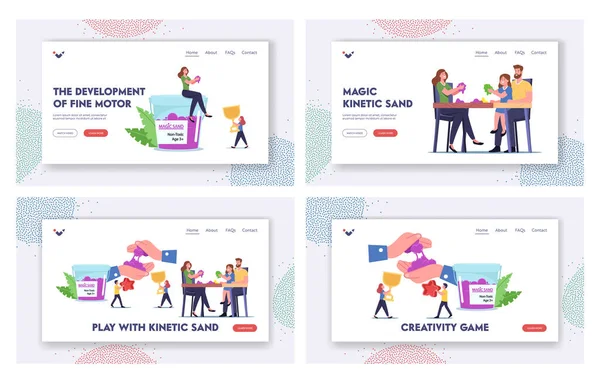 Amusement Spare Time Landing Page Template Set. Family Characters Parents and Kids Playing with Kinetic Magic Sand — 图库矢量图片