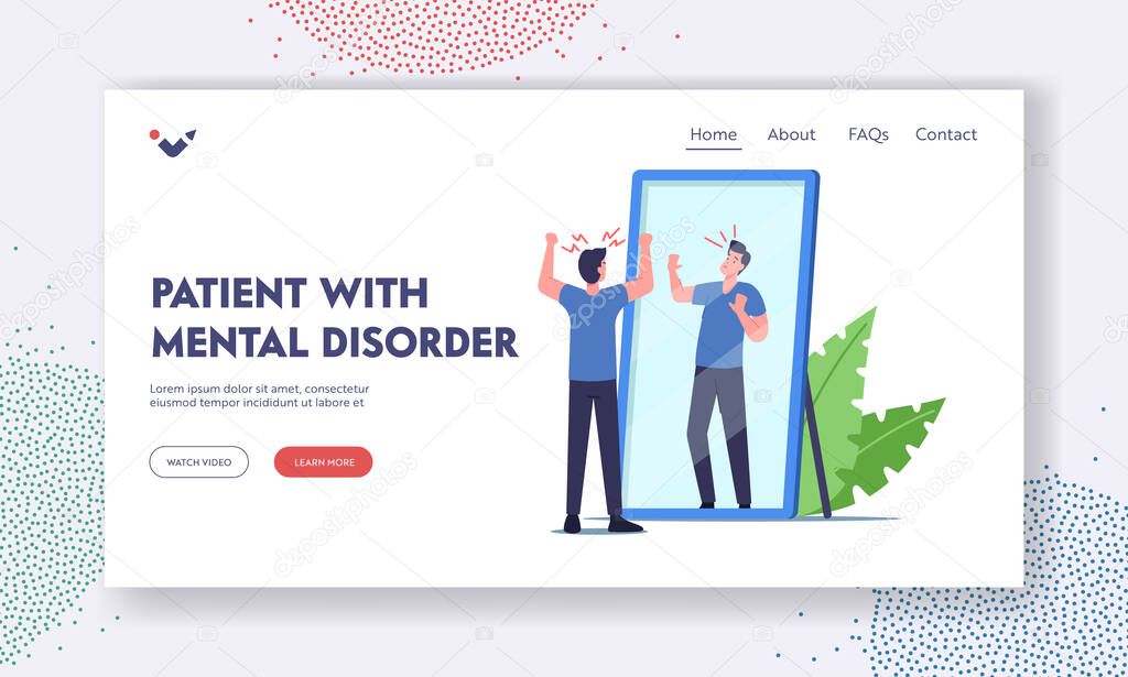 Patient with Mental Disorder Landing Page Template. Low Self Esteem, Loathing and Anger. Character Mind Health Problem