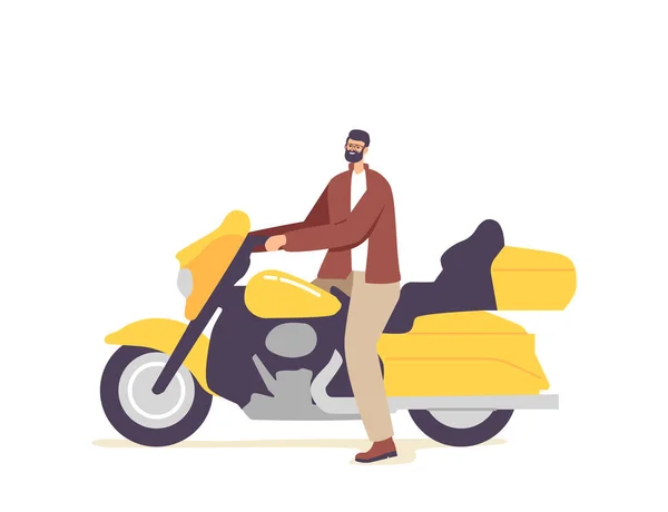 Brutal Biker Young Мужской персонаж езда на обычном желтом мотоцикле, человек сидит на вертолете, городской субкультуры, Street Racer — стоковый вектор