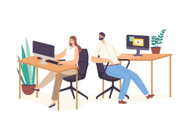 İş yerinde oturan Erkek Karakter Gizli Bilgilerle Bilgisayar Monitörüne Bakıyor