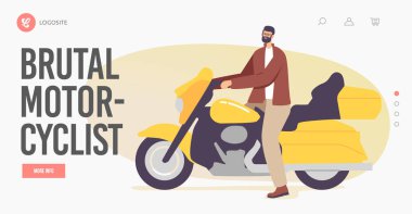 Brutal Motosikletçi İniş Sayfa Şablonu. Motosikletli Erkek Karakter Motorlu Adam Helikopterde Oturan Adam, Sokak Yarışçısı
