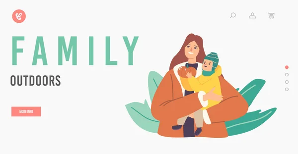 Familj Utomhus Landning Page Mall. Lycklig mor håller barn med pumpa i händer, Familj Reservtid på friluftsliv — Stock vektor