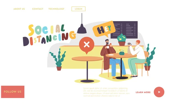 Soziale Distanzierung und neue normale Landing Page Template. Charakterpaar trifft sich im Café oder Restaurant am Coronavirus — Stockvektor