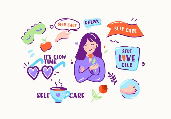 Set von Aufklebern oder Doodle Icons Hautpflege, Relax, Self Care und Self Love Club, seine Glühzeit. Entspanntes Mädchen mit Blume — Stockvektor