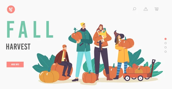 Modèle de page de débarquement pour la récolte d'automne. Happy Family Cueillette de citrouilles au jardin. Récolte mère, père et enfants — Image vectorielle