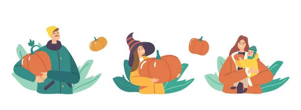 Σετ Happy Family Picking Pumpkins στο Autumn Garden. Μητέρα, Πατέρας και Παιδιά Χαρακτήρες Συγκομιδή Ώριμων Φυτών — Διανυσματικό Αρχείο