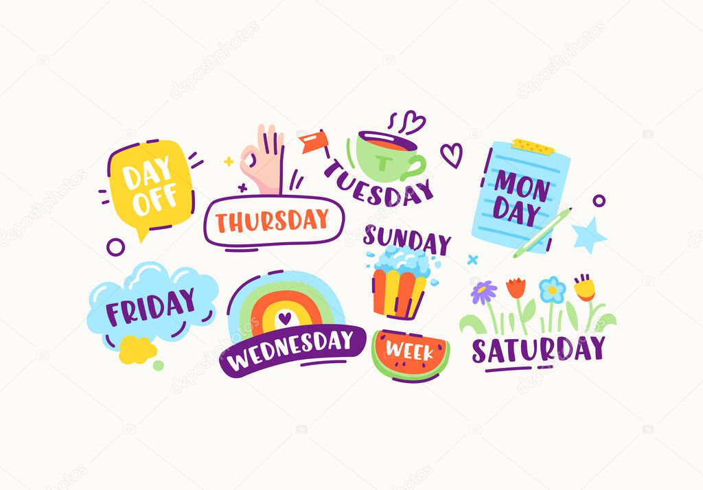Set of Stickers or Icons of Week Days Sunday, Monday, Tuesday and Wednesday, Thursday and Friday or Saturday, Day Off Colorful Design Elements in Doodle Linear Style. Cartoon Vector Illustration