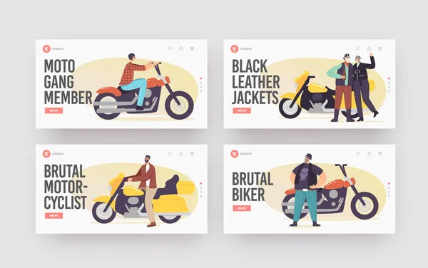 Moto Gang Mitglieder Landing Page Template Set. Brutale Biker-Charaktere in Lederkleidung und Helm mit Brille — Stockvektor