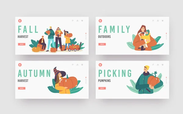 Šablona stránky vykládky podzimu. Happy Family Characters Sicking Pumpkins at Garden. Matka, Otec a Děti — Stockový vektor