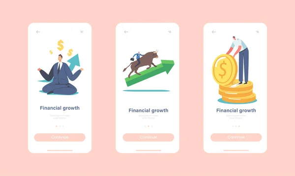 Financiële groei Mobiele app Page Onboard Screen Template. Mensen die handelen op de beurs. Begrip makelaar of handelaar — Stockvector