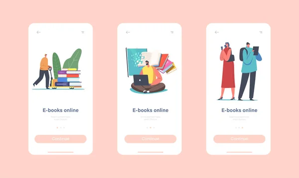 Online E-books Mobile App Page Plantilla de pantalla a bordo. Pequeños personajes con dispositivos digitales leyendo libros en Internet — Vector de stock