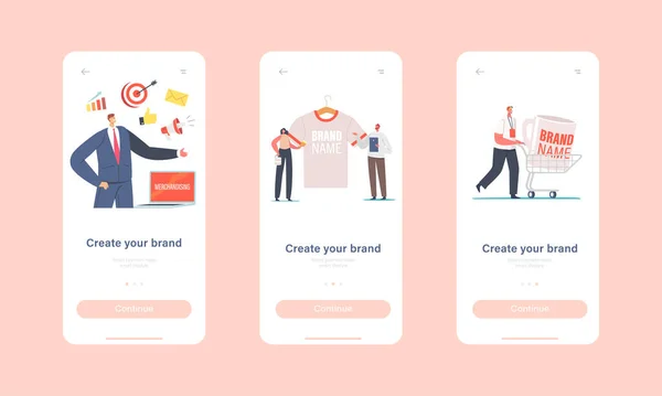 Crea il tuo Brand Mobile App Page Modello di Schermo a Bordo. Piccoli personaggi maschili e femminili con enorme prodotto promozionale — Vettoriale Stock