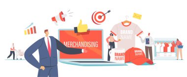 Ticaret Konsepti. Marka Kimliği İçin Büyük Tanıtım Ürünleri Olan Minik Erkek ve Kadın Karakterler