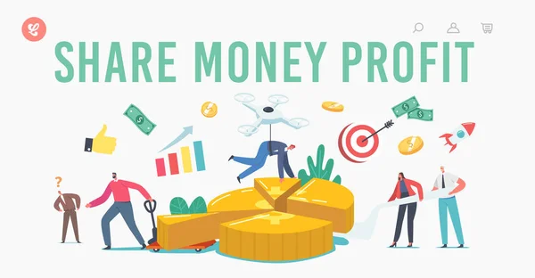 Share Money Profit Landing Page Template. Winzige Geschäftszeichen stehen auf dem riesigen Kuchendiagramm, das Partneraktien zeigt — Stockvektor