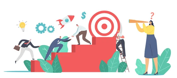 Business Characters Team Climbing Stairs with Huge Target on Top. Business People Next Step, Reach Next Aim, Teamwork — Stock Vector